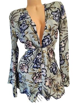 Floral Deep V Plunge Long Sleeve Romper - Sage Base with Blue & Pink Blooms